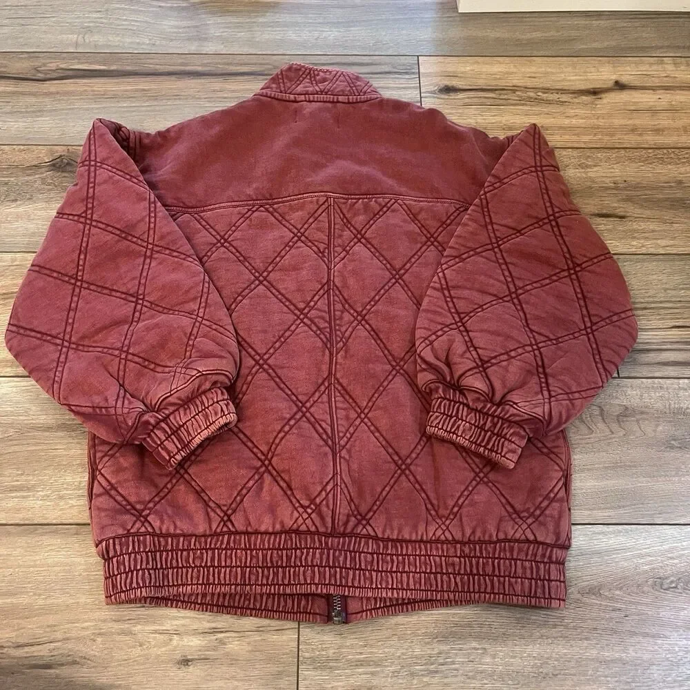 Free People Juno Quilted Red Burgundy Oversized Bomber Jacket Women's XS Cotton